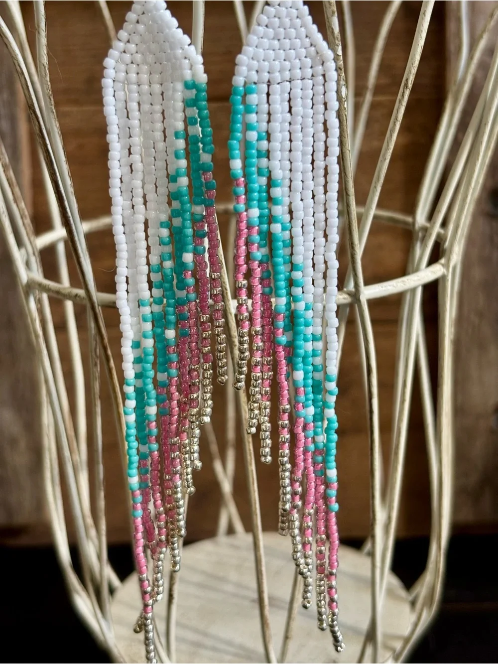 White Turquoise Pink Gold Long Fringe Beaded Earrings Cowgirl Boho Festival Wear